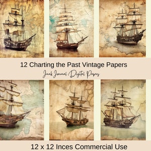 Pages de carnet de voyage carte vintage, navires vintage, cartes du monde, kit de scrapbooking numérique, vieux papier vieilli, téléchargement grunge, nautique