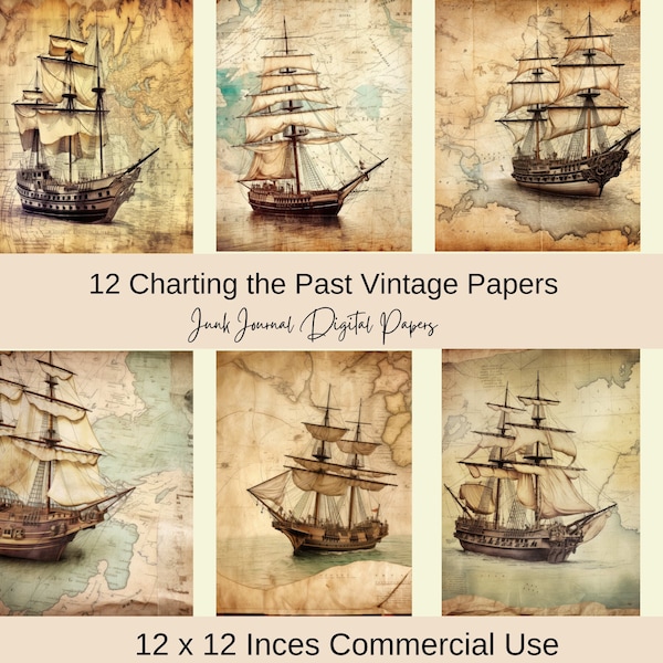 Vintage Map Junk Journal Pages, Vintage Ships, World Maps, Digital Scrapbook Kit, Old Aged Distressed Paper, Grunge Download, Nautical