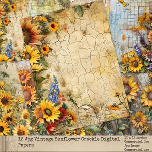 Printable Papers, Journal Sunflowers, Digital Sunflower Crackle Papers, Nature Junk Journal, Paper Crafts, Sunflower Backgrounds