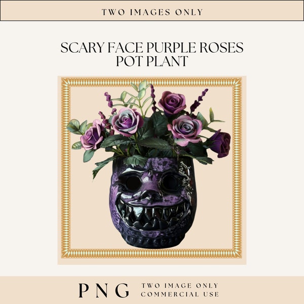 Creepy Halloween Roses Pot Plant Clipart, Transparent PNG, Gothic Home Decor, Creepy Garden Pot Plant, Gothic Skull Purple Roses Pot Plant