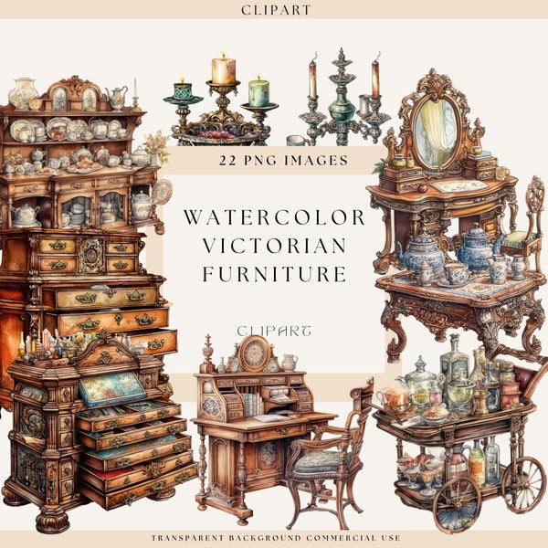 Victorian Vintage Furniture Clipart, Watercolor Clipart, Victorian Clipart, Scrapbook, Junk Journal, Digital Crafts, Scrapbook, Card Making
