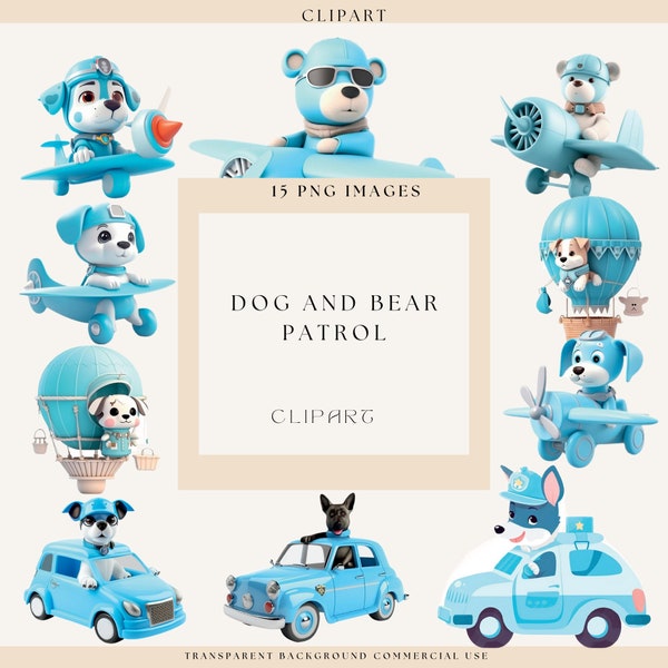 Cute Dog Clipart, Dog and Bear Patrol Clipart, Commercial Use, Blue Cars, Plane clipart, Transparent Background, 300 Dpi, Digital Crafts