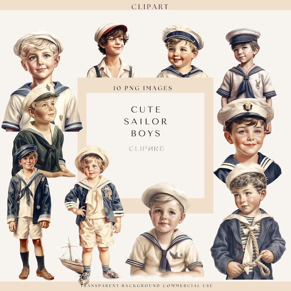 Cute Sailor Boys Clipart, Nautical Clipart, Little Sailor Clipart, Digital Designs, Commercial Use, card Making, Digitial Download