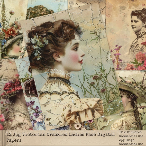 Printable Papers, Journal Victorian Digital Crackle Papers, Victorian Ladies Junk Journal, Paper Crafts, Ladies Face Backgrounds