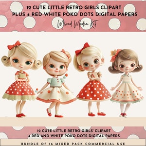 Clipart di una bambina retrò carina, sfondo digitale con pois, clipart di una bambina, clipart di tecniche miste, uso commerciale, artigianato digitale