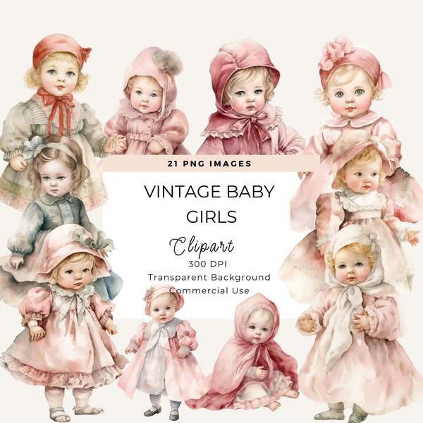 Victorian Vintage Girl Clipart, Baby Girl Clipart, Commercial Use, Clipart Bundle, Card Making, Vintage Fashion Illustrations, Baby Shower