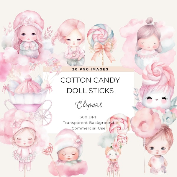 Pink Doll Clipart, Cotton Candy Doll Clipart, Cotton Candy Clipart Bundle, Doll Png, Commercial Use Card Making, Baby Shower Clipart