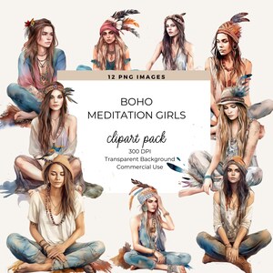 Filles de méditation bohème, Clipart yoga, méditation, Clipart fille Boho, usage commercial, sublimation, clipart Zen, fabrication de cartes