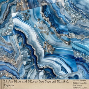 Dusty Blue Sparkling Geo Crystal Digital Papers, Blue Agate Geode Quartz Texture, Crystal Digital Backgrounds, Commercial Use, Digital Craft