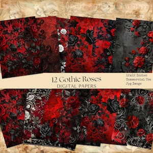 Papeles digitales de rosas negras y rojas, documentos de fondo de rosas góticas, papeles de diario basura de rosas, artesanías digitales, uso comercial, fabricación de tarjetas