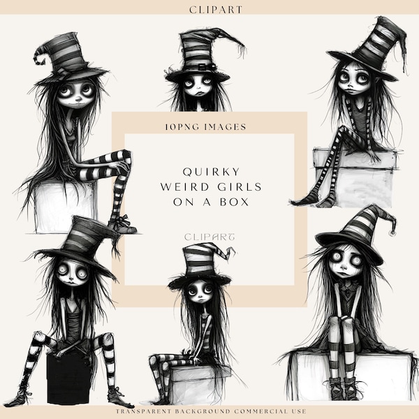 Quirky Clipart, Weird Girls on a box, Whimsical Clipart, Quirky Girls Clipart, Girls Junk Journal, Goth Girls, Commercial Use, Digital Craft