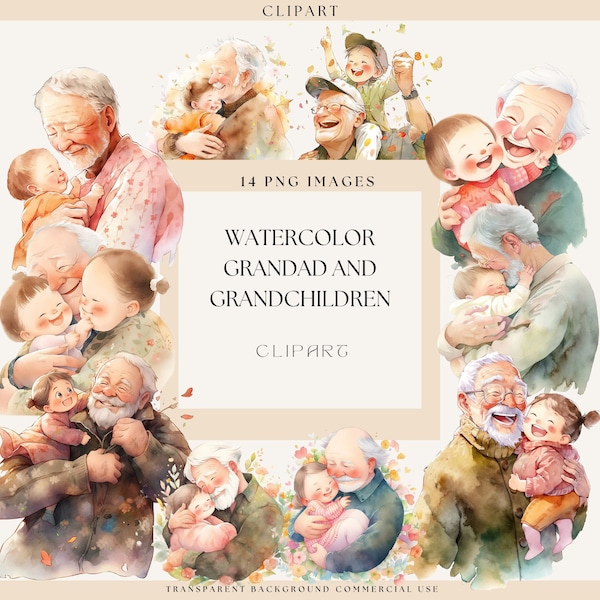 Aquarel opa's en kleinkinderen, opa knuffelen kleinkind, familie clipart, senior clipart, oude mensen PNG, commercieel gebruik, liefde