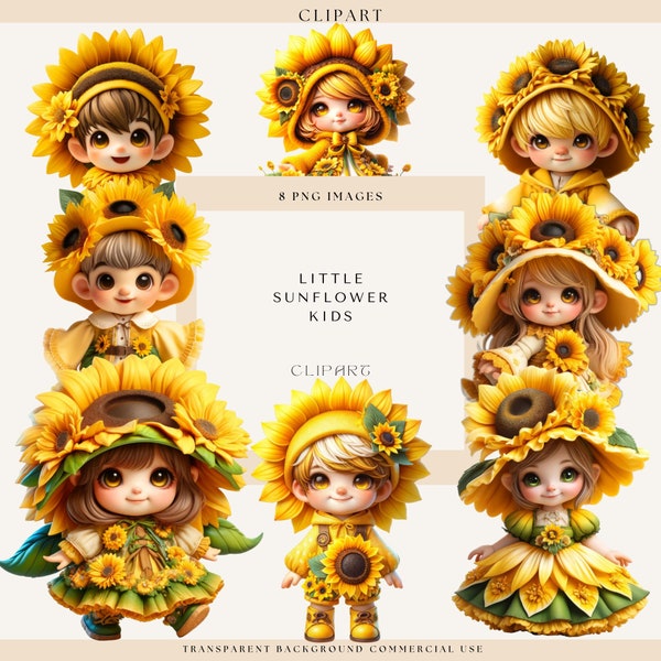 Little Sunflower Kids, Sunflower Clipart, Spring Clipart, Fashion Clipart, Garden Clipart, Kids Clipart, Whimsy Kids, Commercial Use