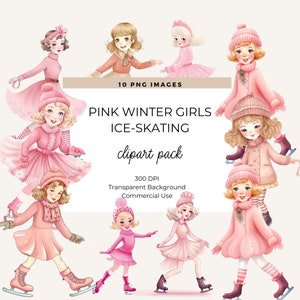 Pink Winter Girls Ice-skating, Ice-Skating Girl Clipart, Skate Party, Winter Clipart, Commercial Use, Digital Download, Pink Christmas