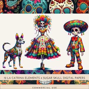 Tag der Toten Clipart, La Catrina Mädchen, mexikanische Clipart, Zuckerschädel PNG, digitale Papiere, digitale Hintergründe, Kartenherstellung, kommerzielle Nutzung