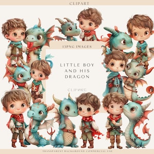 Kleiner Junge und sein Drache, Bester Freund Clipart, Drache Clipart, Haustier Clipart, Fantasy Clipart, Whimsy Haustiere, Süsser Baby Drache, kommerzielle Nutzung