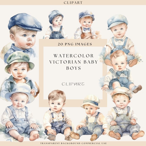 Baby Boy Watercolor Clipart, Newborn Baby, Baby Shower, Gender Reveal, Nursery PNG, Clipart Bundle, Commercial Use, Vintage Baby Boy