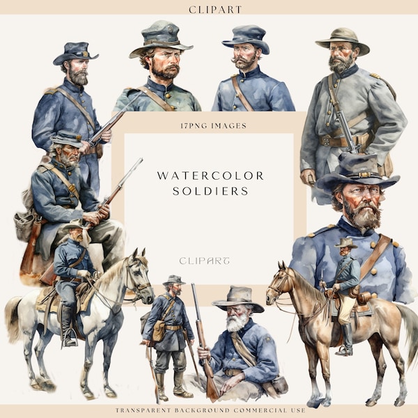 Soldier Watercolor Clipart Bundle, Soldier on Horseback, Army, Military, COMMERCIAL USE, Card Making, Soldier PNG, Instant Download