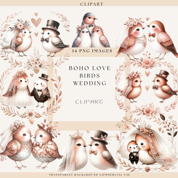 Boho Clipart, Love Romantic Clipart, Lovebird Clipart, Wedding Clipart, Wedding Invitation, Commercial Use, Digital Crafts, Valentines Day