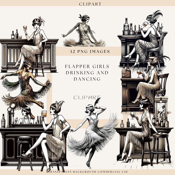 Flapper Girls 1920's, Vintage Women Clipart, Girl Dancing Sitting at A Bar, Commercial Use, Art Nouveau Clipart, 1920S Party, Digital Crafts