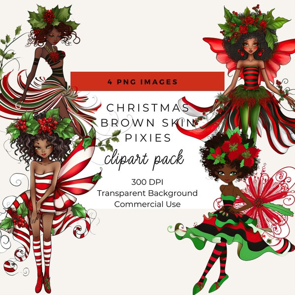 African American Christmas Pixi Fairy Clipart, Christmas Clipart, Commercial Use, Whimsical Clipart, Fairy Clipart, Card Making, Scrapbook