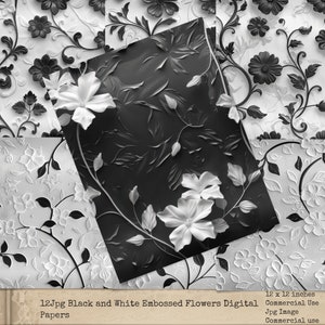 Schwarzweißes geprägtes florales digitales Papier, digitale Texturhintergründe, Hochzeits-Junk-Journal, elegante florale Hintergründe, kommerzielle Nutzung
