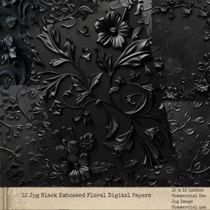 Schwarze geprägte Blumenstruktur, digitale Blumenpapiere, digitale Hochzeitshintergründe, Gothic Junk Journal, kommerzielle Nutzung, digitales Kunsthandwerk
