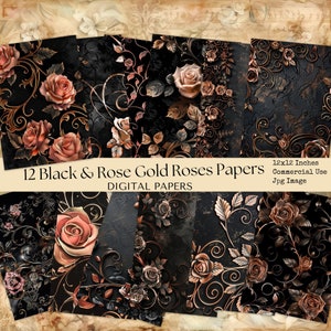 Schwarze und roségoldene Rosen, Florales digitales Papier, Rosegold Scrapbooking-Papier, schwarzer und roségoldener Hintergrund, kommerzielle Nutzung