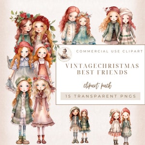 Imágenes prediseñadas de mejores amigas, mejores amigas, hermanas, niñas, uso comercial, Navidad vintage, tarjetas navideñas