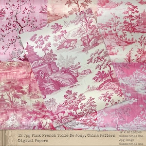 May include: Twelve digital papers featuring a pink and white toile de jouy pattern with a Chinese pagoda design. Each paper is 12 inches by 12 inches.