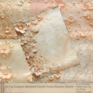 Pfirsichfarbene geprägte Blumen-Digital-Blumen-Papiere, digitale Hochzeitshintergründe, Hochzeit-Junk-Journal, elegante florale Hintergründe, kommerzielle Nutzung