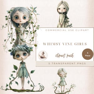 Clipart de garota peculiar, garotas caprichosas de videira, clipart de fantasia, clipart de natureza, clipart de moda, clipart de jardim, uso comercial