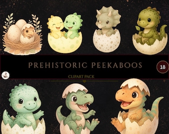 Baby Dinosaur Clipart, Dino Hatchlings Hatching from Eggs, Cute Prehistoric Baby Dino PNGs for Kids Crafts, Invitations & Stickers