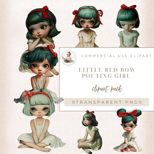 Clipart de niña con lazo rojo, niña con carita triste, clipart de niña vintage, PNG transparente, diario basura caprichoso, material efímero de moda, uso comercial