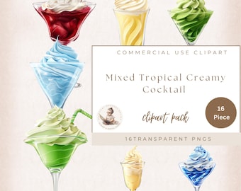 Clipart de coquetéis tropicais cremosos mistos, PNG transparente, bebidas em aquarela, ilustrações de bebidas tropicais cremosas, artesanato digital, cardápio de bar