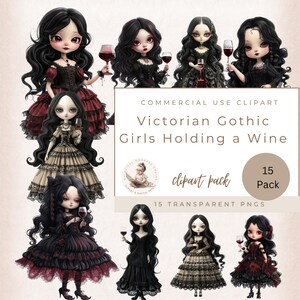 ビクトリア朝ゴシックガールのクリップアート、ゴシッククリップアート、ゴシックドールクリップアート、赤ワイングラスを持ったゴシックガール、商用利用、デジタルクラフト