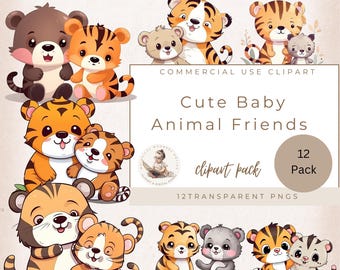Cute Baby Tiger & Friends, Safari Animals Watercolor Clipart, Baby Shower, Best Friends, Siblings, Commercial Use, Card Making, Paper Craft