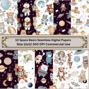 Papéis digitais de urso de pelúcia astronauta, nave espacial, OVNI, papel de urso de pelúcia espacial, papéis de fundo, uso comercial, scrapbooking, diário de lixo