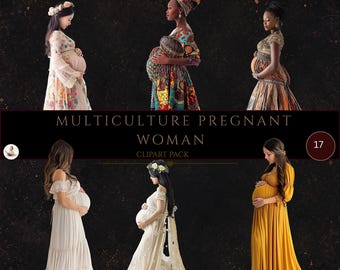 Clipart femme enceinte, clipart baby shower, femme enceinte multiculturelle, clipart maternité, illustrations grossesse, usage Commercial