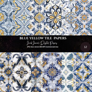 May include: A collection of twelve digital papers featuring blue and yellow tile patterns with intricate geometric and floral motifs. The text reads BLUE YELLOW TILE PAPERS, Junk Journal Digital Papers, JPG Size 12x12 300 DPI Commercial Use, and 12.