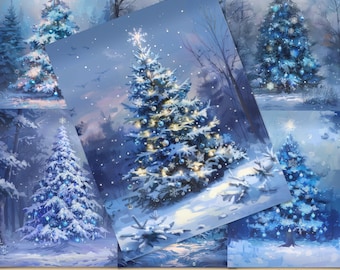Blue Winter Christmas Tree Digital Papers, Blue Christmas Backgrounds, Christmas Printables, Commercial Use, Digital Crafts, Paper Crafts