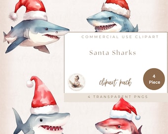 Shark Clipart, Watercolor Shark, Shark Illustration, Sharks Clip Art, Christmas Clipart, Commercial Use, Card Making, Santa Shark, Santa Hat