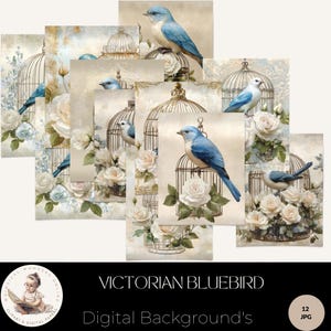 Viktorianische Drosseln und Rosen Papiere, digitale Hochzeitspapiere, Hochzeit Junk Journal, blaue Vögel Hintergründe, kommerzielle Nutzung, Vogelkäfig-Blumen