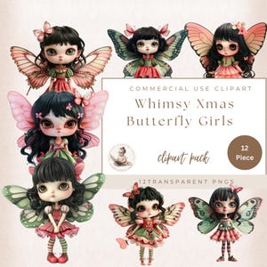 Whimsy Xmas Butterfly Girls, Butterfly Clipart, Fantasy Clipart, Garden Clipart, Botanical Clipart, Little Girl Clipart, Christmas Clipart