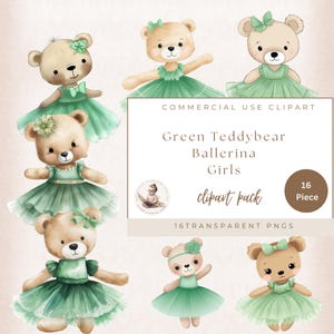 Ballerina Clipart, Cute Teddybear Clipart, Watercolor Green Ballerina, Tutu Girls Clipart, Commercial Use, Card Making, Nursery Wall Art