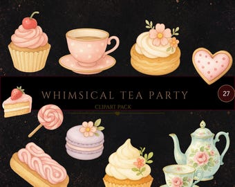 Whimsical Tea Party Clipart Pack, Cute Vintage Tea Set and Floral Illustrations, Printable Party Decor, Bakery Clipart, Dessert Clipart