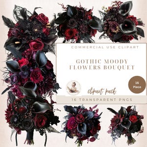 Clipart de boda gótica, ramo floral gótico oscuro y melancólico, clipart de flores, flores oscuras, flores melancólicas, clipart de rosas, uso comercial