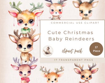 Reno navideño, lindo reno navideño bebé, clipart navideño, clipart digital, acuarela de vacaciones de invierno, uso comercial