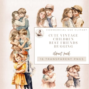 Clipart di migliori amici che si abbracciano, bambini vittoriani vintage, album di ritagli per biglietti, diario di scarto, uso commerciale, clipart di fratello e sorella
