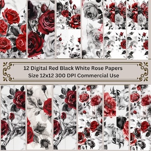 Red and Black Floral digital paper, seamless Gothic Rose printable scrapbook paper for commercial use, Red Rose Digital Papers, Card Making